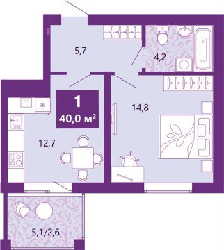 1-к квартира, 3/4 эт., 40м²