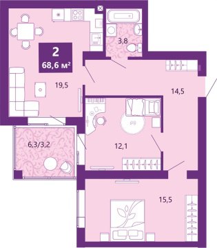 2-к квартира, 2/4 эт., 69м²