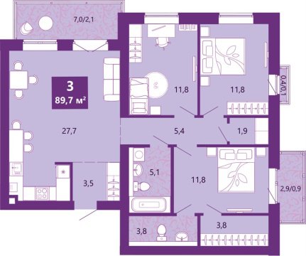 3-к квартира, 4/4 эт., 91м²