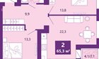 2-к квартира, 2/4 эт., 65м²