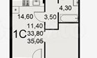 1-к квартира, 5/23 эт., 35м²